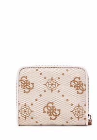 Portafoglio beige con tessuto testurizzato, caratterizzato da un motivo marrone di forme geometriche e punti, rifinito con una cerniera e bordi bianchi.