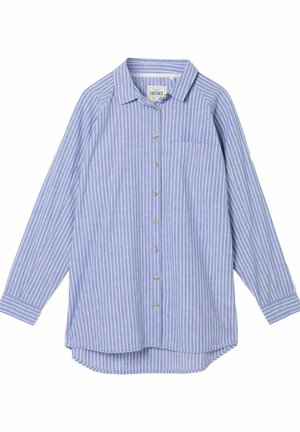Blaues Langarmhemd mit weißen senkrechten Streifen, Brusttasche, Knopfverschluss und Kragen.