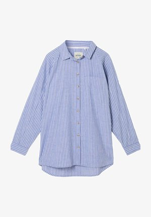 Blaues Langarmhemd mit weißen senkrechten Streifen, Brusttasche, Knopfverschluss und Kragen.