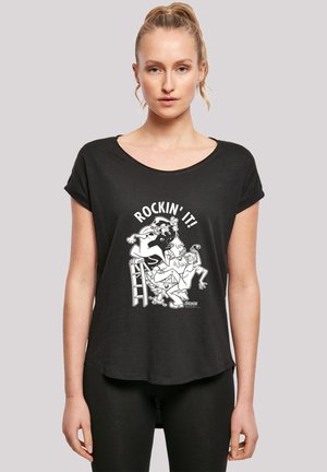 Schwarzes T-Shirt aus leichtem Material mit einem grafischen Design von Cartoon-Charakteren und dem Text "ROCKIN' IT!" in Weiß. Runder Ausschnitt, kurze Ärmel.