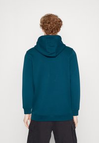 Sweat à capuche teal avec une grande capuche, des poignets et un ourlet côtelés. Fabriqué dans un matériau doux, il présente une coupe décontractée et un minimum de détails.