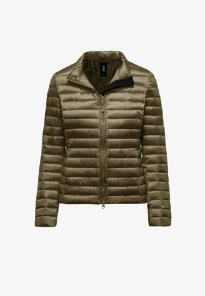 Olive green women's quilted puffer jacket with full front zipper and stand-up collar, shown front view on white background.