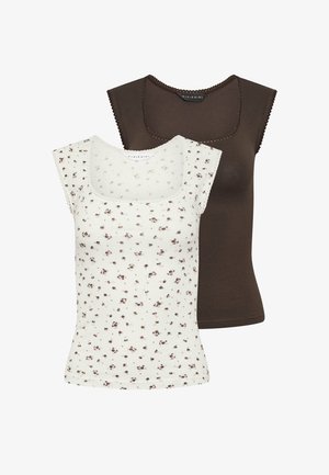 Due top da donna senza maniche: uno bianco con piccolo motivo floreale marrone, l’altro marrone scuro tinta unita, entrambi con bordo smerlato sullo scollo.
