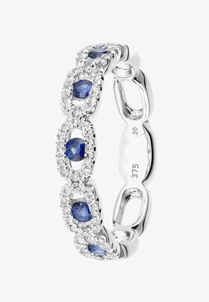 Hõbe sõrmus, millel on ovaalsed sinised safiirid, mida ümbritsevad väikesed valged teemandid, silky läikiva viimistluse ja keeruka lingikujundusega.