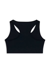 Reggiseno sportivo nero con design a schiena scoperta, texture liscia e fascia larga. Realizzato in tessuto elasticizzato per comfort e supporto.