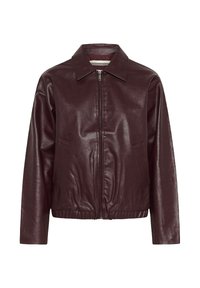 Giacca in pelle di un borgogna scuro con zip frontale completa, colletto a punta, tasche laterali, maniche lunghe e vita elastica.