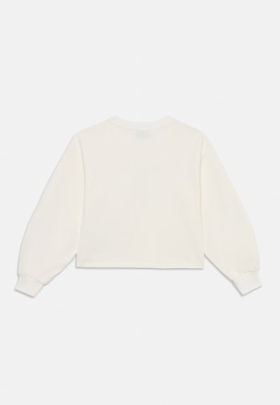 Felpa a maniche lunghe tagliata, di colore bianco sporco. Presenta un collo a giro e polsini a costine. Texture morbida e design minimalista.