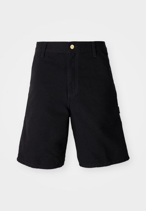 Black denim shorts with a button closure, featuring a straight cut, side pockets, and reinforced stitching for durability.