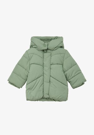 Veste rembourrée vert clair avec capuche, dotée d'une fermeture sur le devant et de manches courtes. Le design comprend des motifs de piqûre en losange.