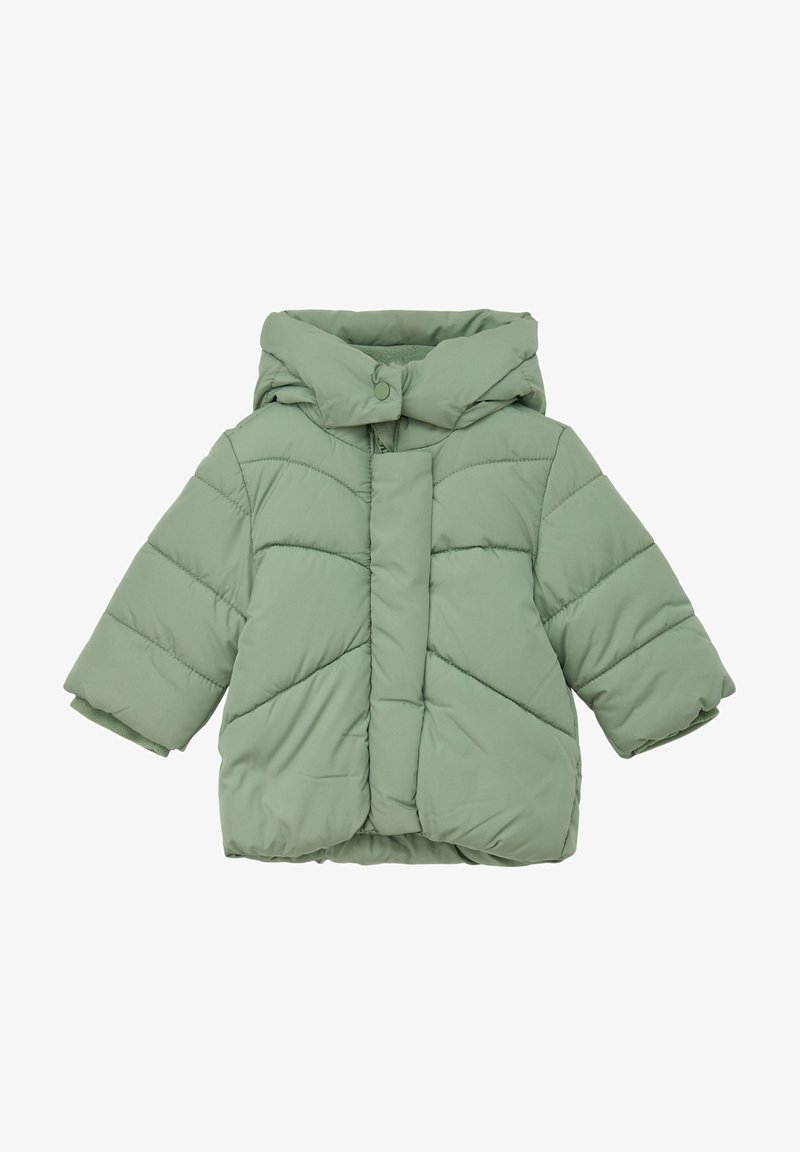 Giacca imbottita di colore verde chiaro con cappuccio, dotata di chiusura frontale e maniche corte. Il design include motivi a rombi.