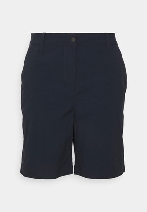 Shorts bleu marine en tissu léger, comprenant une poche avant, une fermeture à bouton et une coupe droite avec des détails cousus.