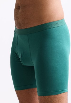 Mann trägt eng anliegende grüne Boxershorts, steht vor einem schlichten hellen Hintergrund und zeigt Mittelteil und obere Oberschenkel.