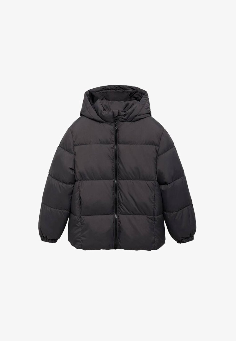 Black puffer jacket with a hood, featuring a front zipper, elastic cuffs, and a quilted pattern for insulation. Smooth matte finish.