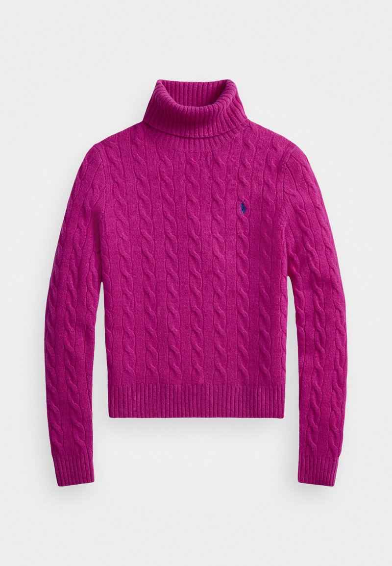 Pull en maille torsadée fuchsia à col roulé, avec une finition côtelée aux hem et poignets. Doté d'un petit logo sur la poitrine. Texture douce, design ajusté.