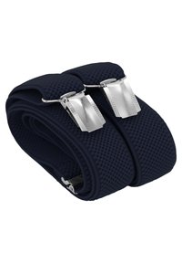 Navy blue elastic suspenders with textured surface and silver metal clips. Adjustable length for secure fit; functional design for clothing.