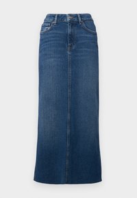 Denim midi krilo v temno modri barvi, s ravnim krojem, pasom z zankami in centralnim zadnjim razporkom za lažje gibanje.