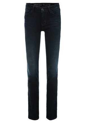 Dark blue denim jeans with a slim, straight cut, featuring five pockets, a front button closure, and faded accents on the legs.