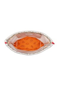 Bolso de tela gris con parte superior redondeada, con un interior naranja forrado con patrones de dibujos animados. Incluye una cremallera rosa y detalles en beige.