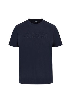 Navyblaues Baumwoll-T-Shirt mit kurzen Ärmeln, das ein erhabenes "GUESS"-Logo über der Brust trägt. Rundhalsausschnitt, lässiger Schnitt, glatte Textur.