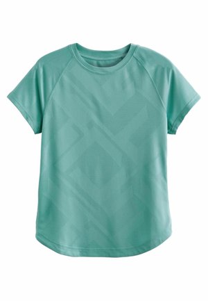 Kortærmet turkis sportsbluse med geometrisk teksturmønster og rund halsudskæring, isoleret på hvid baggrund.