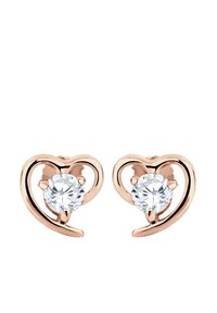 Ohrringe in Herzform aus Roségold mit einem zentralen klaren Edelstein, sanften Kurven und einer polierten Oberfläche.