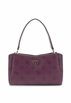 Borsa a tracolla viola con una forma strutturata, caratterizzata da motivi impresso e un accento a logo triangolare. Manico corto per il trasporto.