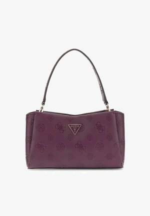 Borsa a tracolla viola con una forma strutturata, caratterizzata da motivi impresso e un accento a logo triangolare. Manico corto per il trasporto.
