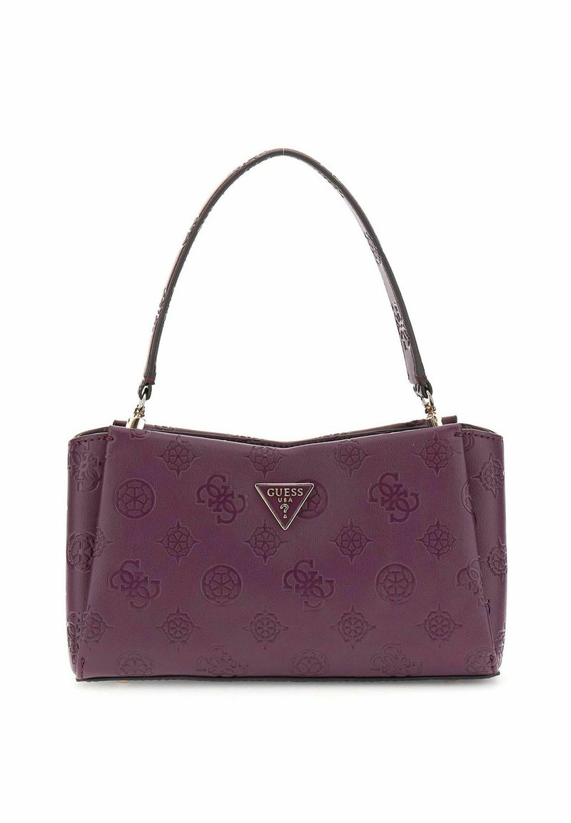 Sac à main texturé violet avec une forme structurée, présentant des motifs embossés et un accent de logo triangulaire. Poignée courte pour le transport.