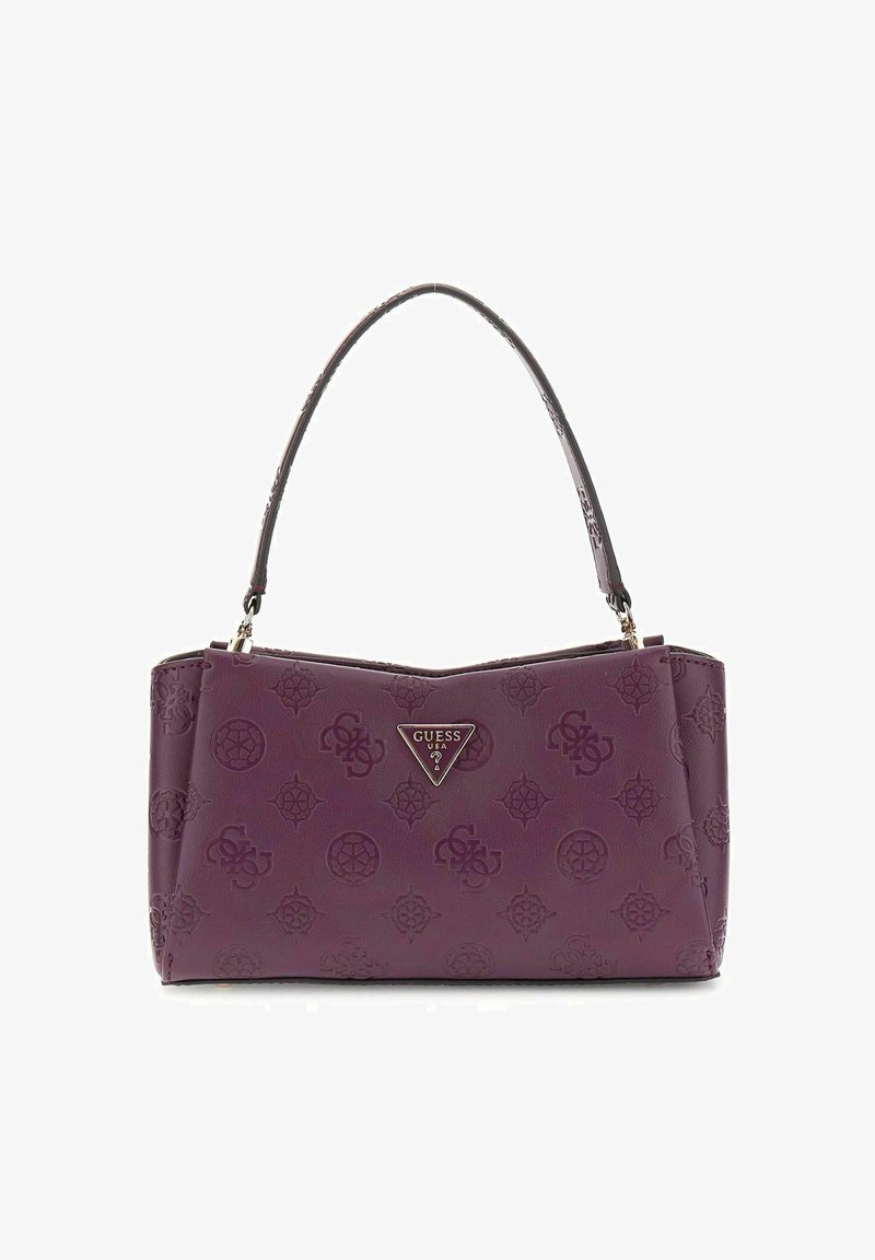 Sac à main texturé violet avec une forme structurée, présentant des motifs embossés et un accent de logo triangulaire. Poignée courte pour le transport.