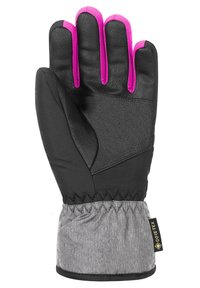 Guanto in pelle nera con dettagli rosa sulle punte delle dita. Presenta una superficie testurizzata e un polsino grigio elasticizzato con etichetta GORE-TEX.