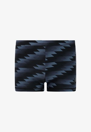 Herren-Badehose mit schwarzem und dunkelblauem Zickzackmuster, geradem Bund und kleinem Logo auf der unteren rechten Seite.