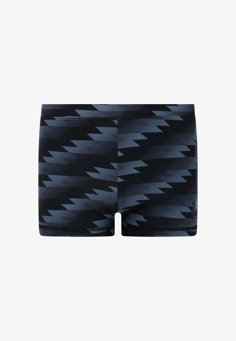 Vyriškos maudymosi glaudes su juodu ir tamsiai mėlynu zigzago raštu, tiesia liemene ir mažu logotipu apatinėje dešinėje pusėje.