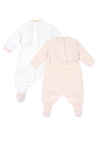 Två babybodyer: en vit och en ljusrosa, båda med långa ärmar, rundad krage, knappstängning och elastiska ärmar och anklar.