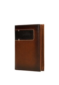 Brown leather wallet featuring a black accent patch, stitched detailing, and multiple card slots, showcasing a smooth texture.