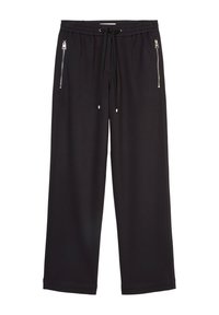 Zwarte wijde pantalon gemaakt van een gladde stof, met een elastische tailleband met trekkoord en zijzakken met ritsen.