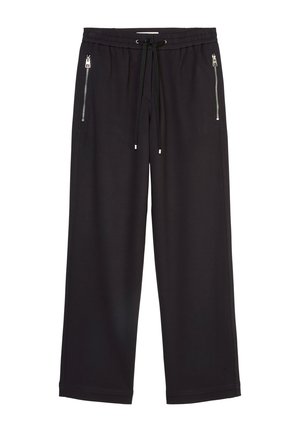Black wide-leg pants made of a smooth fabric, featuring an elastic waistband with drawstring and side pockets with zippers.