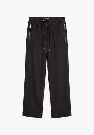 Czarne spodnie z szerokimi nogawkami, wykonane z gładkiego materiału, z elastycznym paskiem na talii ze sznurkiem oraz bocznymi kieszeniami z zamkiem.