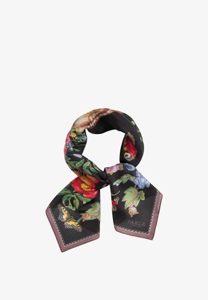Bufanda de seda con fondo negro que presenta coloridos patrones de flores y mariposas. Terminado con un borde de patrón contrastante y logotipo.