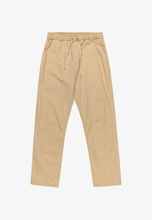 Beige, ľahké nohavice s elastickým pásom a šnúrkou. Obsahujú bočné vrecká a nohavice sú rovného strihu s hladkým povrchom.