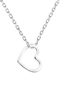 Pendente a forma di cuore in argento su una collana a catena, con un design minimalista, finitura lucida e forma di cuore aperto.