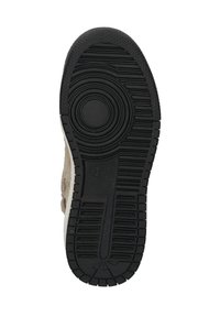 Zwarte rubberen sneakerzool met een gestructureerd loopvlak, cirkelvormige details in het midden en versterkte randen voor duurzaamheid.