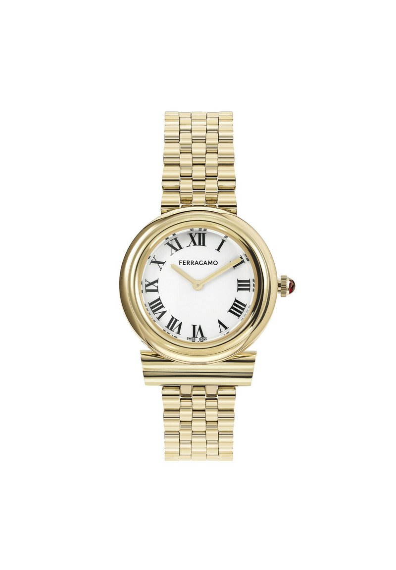 Gold-tone wristwatch with round case, white dial, black Roman numerals, and a smooth link bracelet. Features a red accent on the crown.