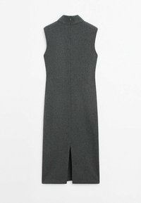 Ärmelloses, dunkelgraues Wollkleid mit hohem Kragen, figurbetonter Silhouette und einem Rückenschlitz für mehr Bewegungsfreiheit. Nahtdetails entlang des Rückens.