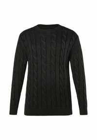 Schwarzer Kabelstrickpullover mit Rundhalsausschnitt, strukturiertem Muster, langen Ärmeln und geripptem Saum. Hergestellt aus einem dicken, weichen Material.
