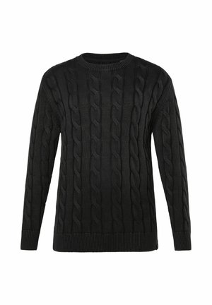 Schwarzer Kabelstrickpullover mit Rundhalsausschnitt, strukturiertem Muster, langen Ärmeln und geripptem Saum. Hergestellt aus einem dicken, weichen Material.