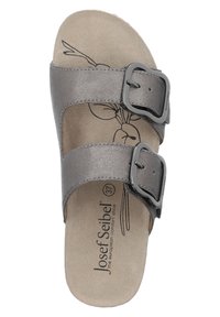 Gray leather slip-on sandal with two adjustable straps, metallic buckles, and a textured footbed featuring a floral design. Size 37.
