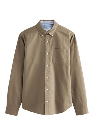 Herre langærmet skjorte med knapper i lysebrun farve med brystlomme og knaplukket krave, med hvide knapper og stribet indvendig krave.