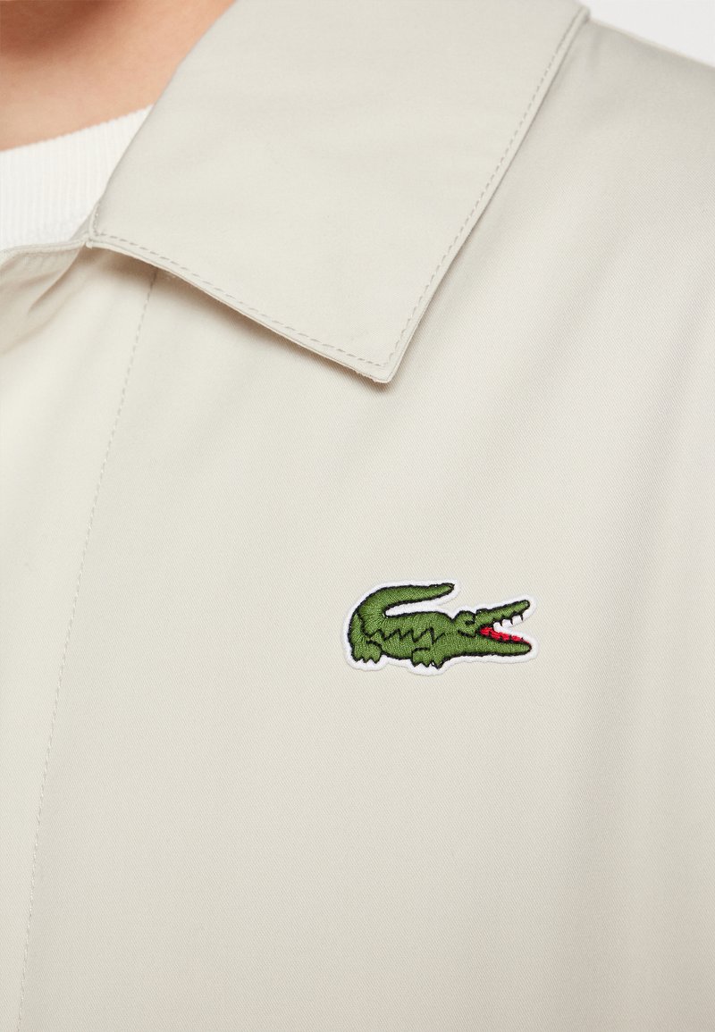 Camicia beige chiaro con colletto ampio. Presenta un logo di coccodrillo verde ricamato sul lato sinistro. Tessuto dalla trama liscia.