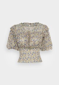 Blus med blommönster, puffärmar, smockad midja och snörning framtill. Har små blommor i blått och gult mot en ljus bakgrund.