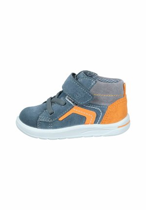 Children's high-top shoes in dark blue suede with orange accents, featuring a velcro strap, textured gray panels, and white rubber sole.